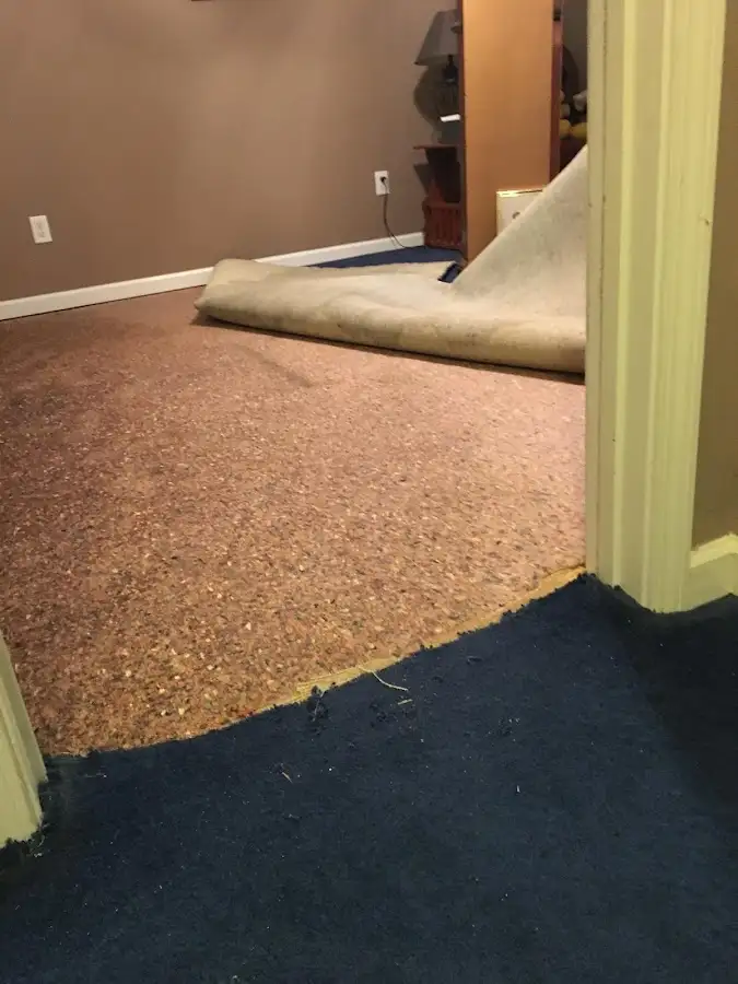 Carpet pad removal revealing water damage during Water Mitigation Services in Lemon Grove